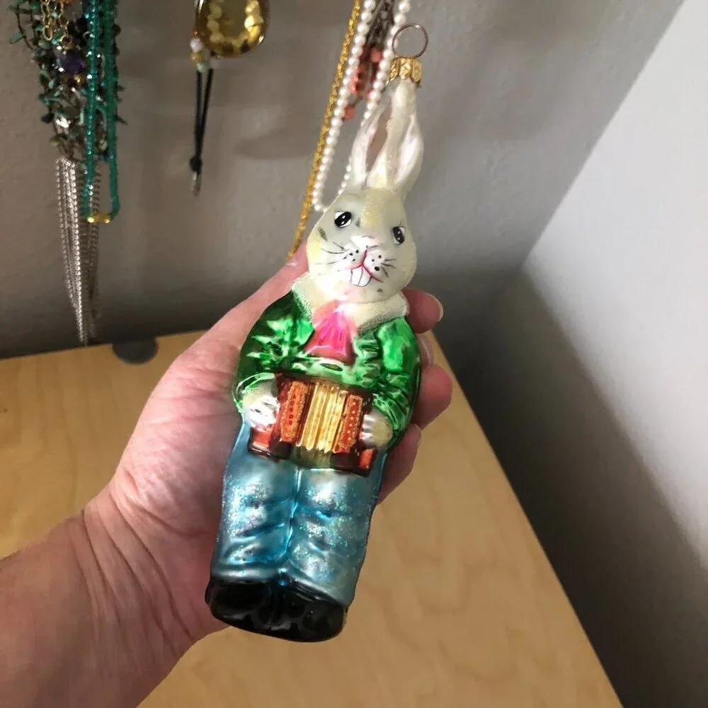Vintage Christopher Radko ACCORDIAN BUNNY Ornament Rabbit Easter Bunny 6”